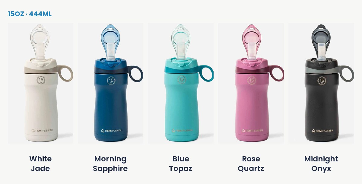 The five Stone finishes in the 15oz bottle: White Jade, Morning Sapphire, Blue Topaz, Rose Quartz and Midnight Onyx