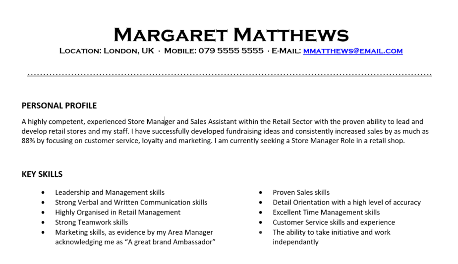 Image of the top half of a CV with a Personal Profile on it