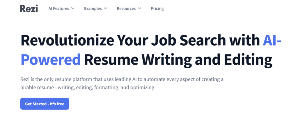 An image or Rezi's home page. Rezi is the best AI Resume builder overall featured in this blog.