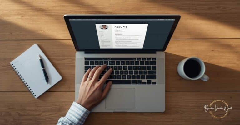 Professional overhead shot of a modern workspace, natural lighting, realistic photography style. Centre focus: sleek laptop displaying a clean resume template on screen, coffee cup to the right, notebook to the left. Human hand resting naturally on laptop trackpad, business casual attire visible (shirt cuff). Wooden desk, minimalist aesthetic.