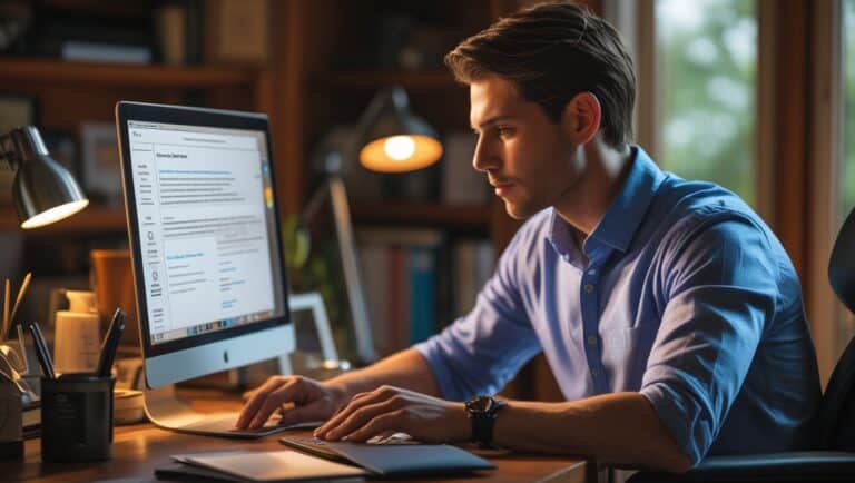A meticulously crafted portrayal of a job seeker in his home office, utilizing an AI Resume Builder. You can see the AI Resume Builder on the computer screen, which is in front of him. The individual is seated on a computer chair. The screen illuminates his focused expression, capturing the essence of modern technology seamlessly integrated into the job search process. This is a hyper-realistic digital photo, where every pixel is meticulously placed to convey a sense of professionalism and efficiency. The lighting effects and attention to detail elevate this image into a stunning photograph that immerses the viewer in the world of contemporary career advancement.