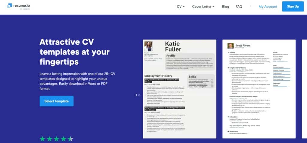 Resume.io home page. Resume.io is one of the best AI CV builders and AI Resume builders.