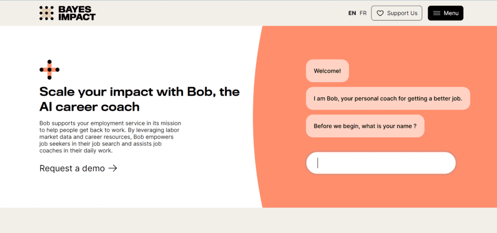Homepage for Bob, the AI Career Coach by Bayes Impact