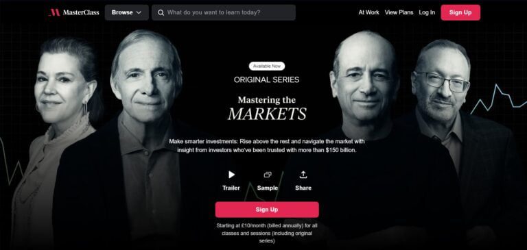 An image of the Mastering the Markets by MasterClass course web page. An image of Ray Dalio, Meredith Whitney, Joel Greenblatt, and Seth Klarman, the experts who teach the course are on there. This image is provided for Brian Vander Waal’s Mastering the Markets MasterClass Review.