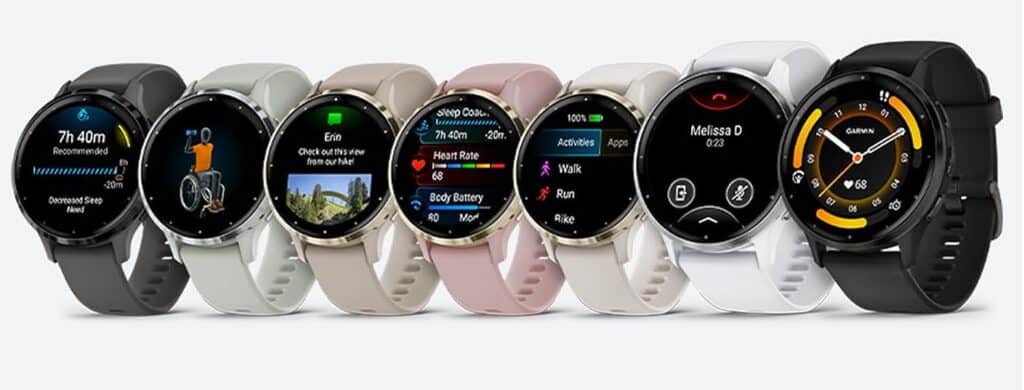 A picture of seven versions of the Garmin Venu 3 in various colors. This is the best ADHD watch overall.