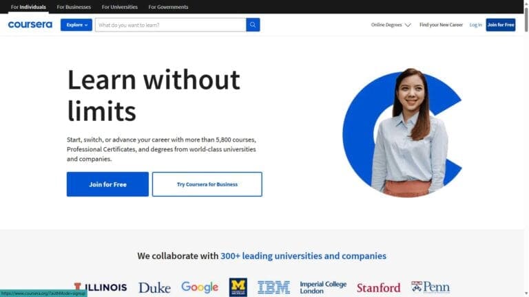 An image of the Coursera Homepage. This image is used for the article Is Coursera Free? by Brian Vander Waal