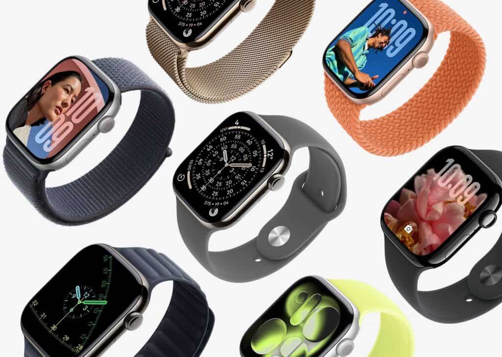 An image of the 7 different finishes of the Apple Watch Series 11 including the Apple Watch Series 11 Gold Titanium, Apple Watch Series 11 Sliver Aluminium, Apple Watch Series 11 Natural Titanium, Apple Watch Series 11 Rose Gold Aluminium, Apple Watch Series 11 Slate Titanium, and the Apple Watch Series 11 Space Gray Aluminium.