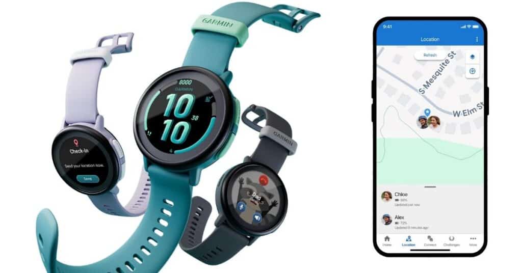 An image of three Garmin Bounce 2 watches in different colours (Turquoise, Slate Grey, and Light Purple) flying through the air. On the right is a mobile phone which shows how you can keep track of your child's location in real time on a map. You see the child's location on the map. The Garmin Bounce 2 is the best ADHD watch for kids.