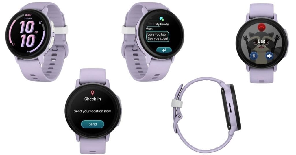 An image of five angles of the Garmin Bounce 2 watch in the Slate Grey colour. You also see different screens on the watch showing different features of the watch. The Garmin Bounce 2 is the best ADHD watch for kids.