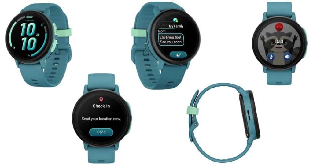 An image of five angles of the Garmin Bounce 2 watch in the Turquoise colour. You also see different screens on the watch showing different features of the watch. The Garmin Bounce 2 is the best ADHD watch for kids.
