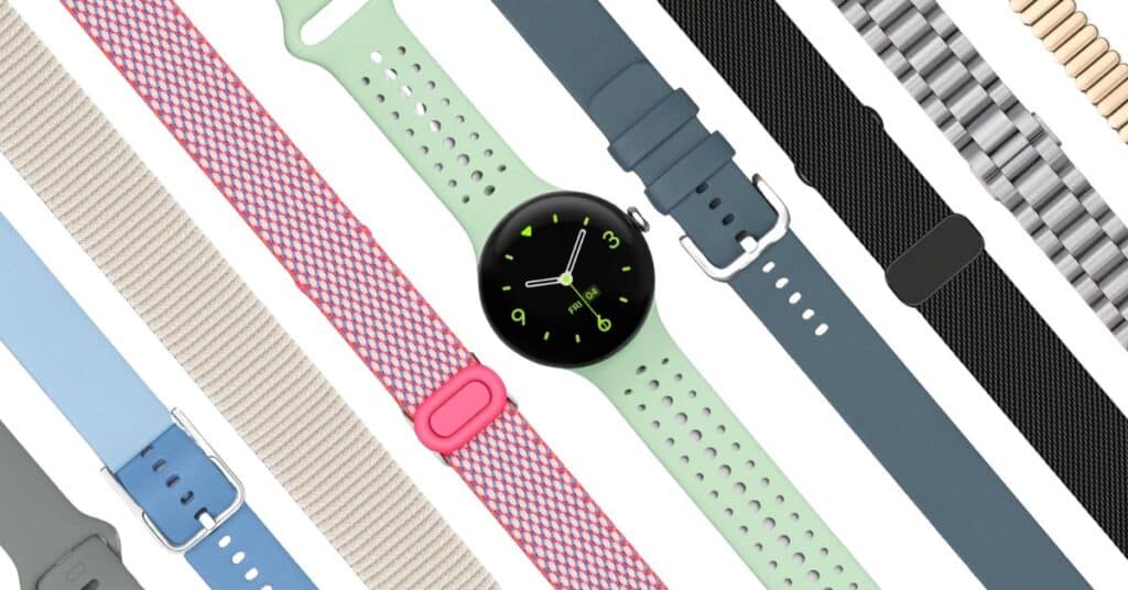 An image of seven Google Pixel Watch 3 bands with a Google Pixel Watch 3 in the center with a green watch band.