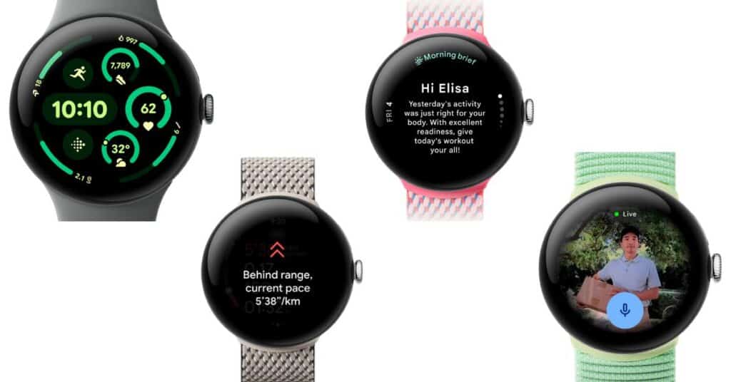 An image of four different versions of the Google Pixel Watch 3 with four different colours and watch bands.