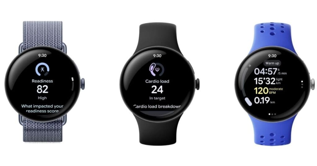 An image of three different Google Pixel Watch 4s with different bands and colours.  The Google Pixel Watch 4 is the best ADHD Watch for Android users. 