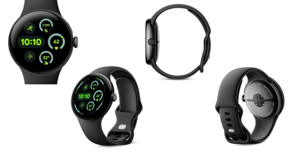 An image of the Google Pixel Watch 3 Matte Black Aluminium Case - Obsidian Active Band at four different angles - front, side, front/side, and back.