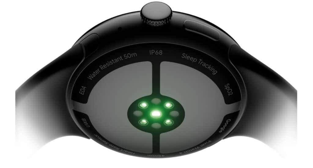 An image the bottom of the Google Pixel Watch 4. The image shows the suite of sensors on the Google Pixel Watch 4 which is revolutionary for health and fitness tracking. The Google Pixel Watch 4 is the best ADHD Watch for Android users. 