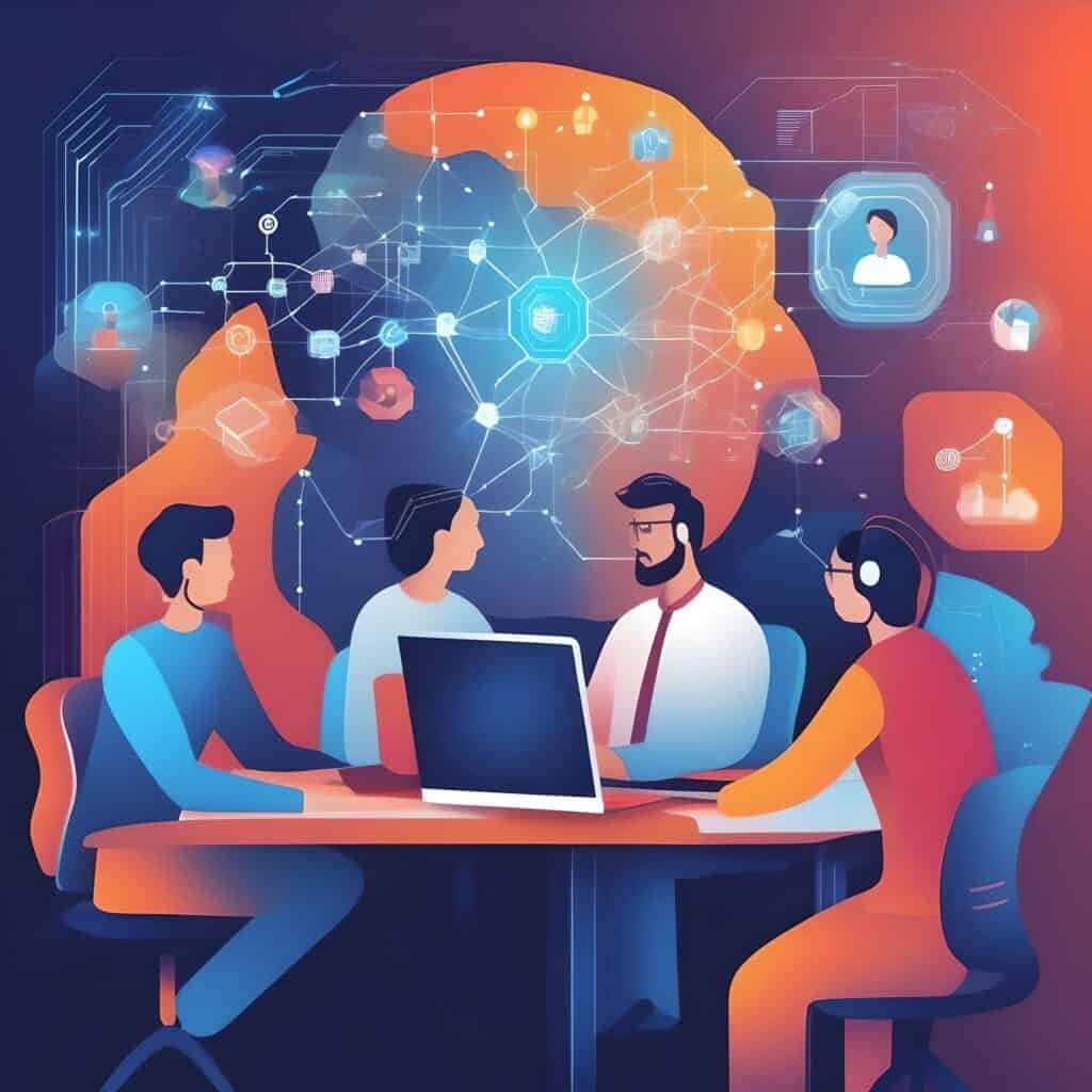 Illustration Of A Team Working At A Table With Digital Ai Interfaces And Data Graphics Surrounding Them, Used As The Featured Image For The Article ‘Ultimate Guide To Ai-Human Collaboration In The Workplace’