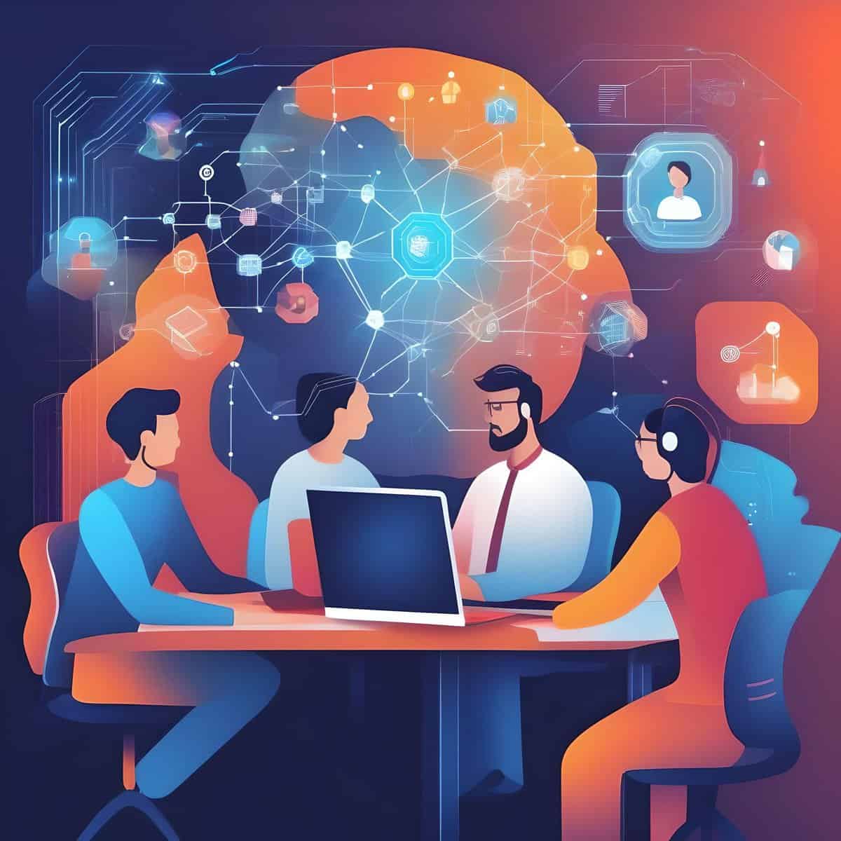 An image showing AI-Human collaboration in the workplace. A team of four staff are sitting at a desk, supported by AI.