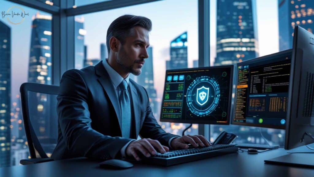 An image of a Chief Information Security Officer working in a office, with 3 screens in front of him and a city with skyscrapers seen outside his window.