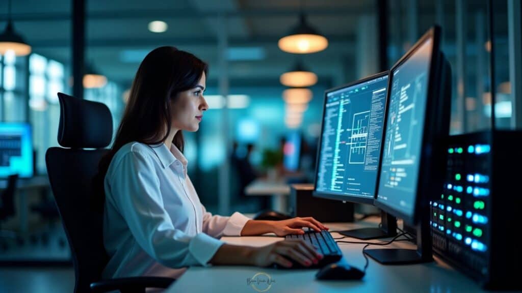 An image of a Computer Network Architect working at desk in a modern office, with dual screens in front of her.