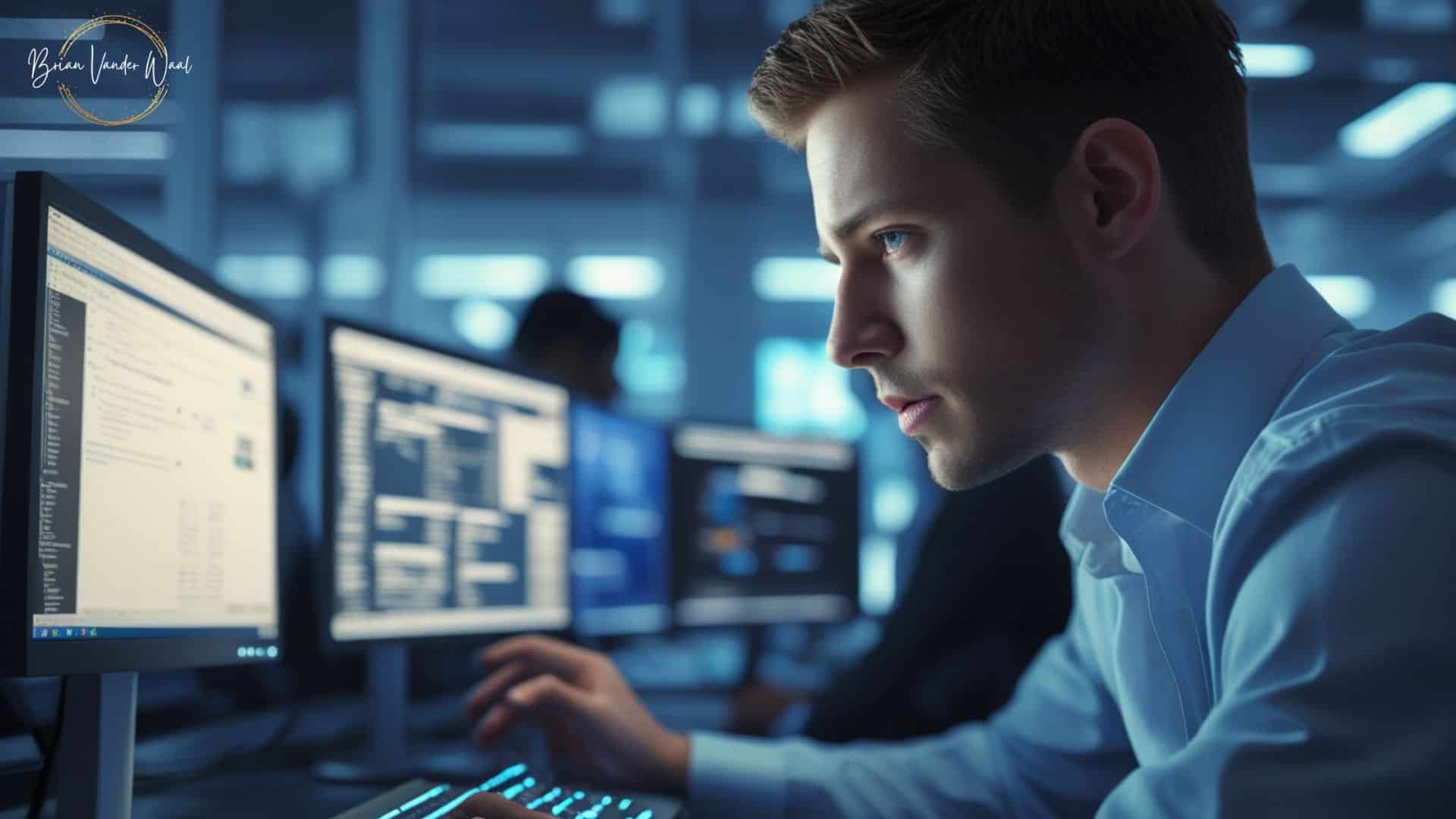 An image of a cybersecurity analyst working with multiple screens in front of him. In the top left corner is the "Brian Vander Waal brand logo.