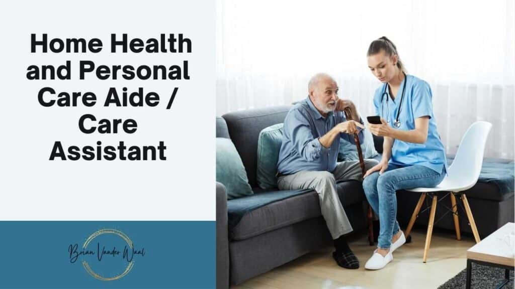 An image of a Home Health and Personal Care Aide / Care Assistant showing an elderly person something on a mobile phone or cell phone. She is helping him. Home Health and Personal Care Aide / Care Assistant is one of the best future careers.