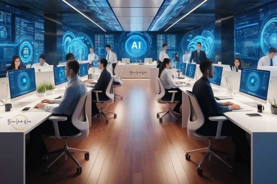 An image of a vividly futuristic scene: a sleek, ultramodern office bathed in the glow of digital screens, where AI algorithms hum with efficiency. The image captures the essence of innovation and progress, with a captivating display of cutting-edge technology seamlessly integrated into the daily workflow. Each pixel of this breathtaking digital masterpiece pulsates with the promise of a future where automation and human ingenuity converge to unlock unprecedented levels of productivity and success. In the image you will also see the Brian Vander Waal brand logo. Find out how is ai revolutionising workplace productivity.