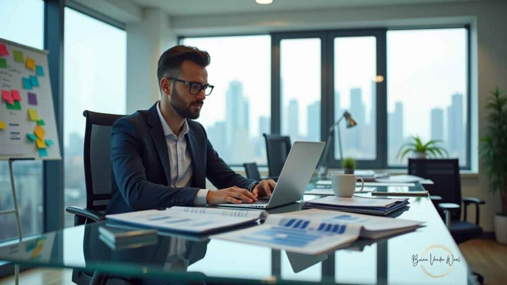 An image of a Management Consultant in a sleek, modern office environment. The consultant is a professional in his early 30s. He is seated at a large glass desk, reviewing documents and analysing data on a laptop. The office is well-lit, with large windows showing a city skyline in the background. The consultant is dressed in a sharp, tailored suit, wearing glasses, and has a focused, thoughtful expression. On the desk, there are several open binders with charts, financial reports, and a coffee mug. The atmosphere is clean, professional, and organised, with a mix of minimalist and contemporary design elements—such as a whiteboard with colorful brainstorming notes, a few plants, and a sleek ergonomic chair. Soft lighting accentuates the calm yet high-performance environment.