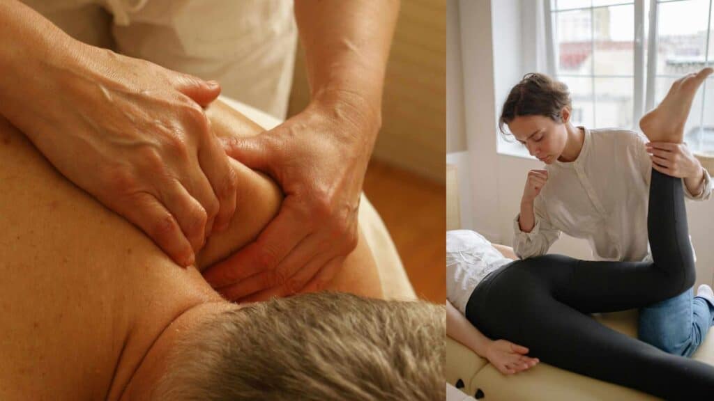 Two images side by side of a Physical Therapist Assistant. On the left the PTA is doing massage and on the right a stretch and massage therapy.