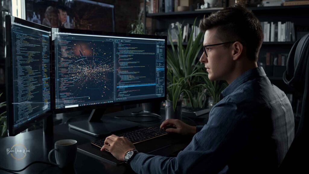 An image of a Quantum Computing Specialist working at a modern workstation. The specialist is seated, facing three large computer screens that display complex quantum circuit visualisations and code. The setting is a sleek, tech-inspired office with a keyboard, mouse, coffee cup, bookshelves with physics and computing books, and indoor plants. The specialist is focused on the screen.