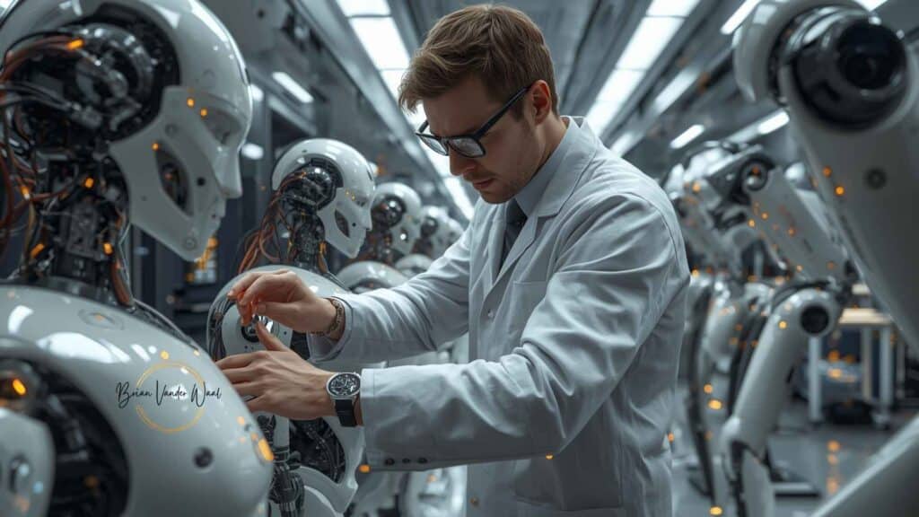 An image of a robotics engineer working in a futuristic laboratory, surrounded by advanced humanoid robots and industrial robotic arms. The Robotics Engineer, wearing a modern lab coat and smart glasses, is carefully adjusting intricate components on a sleek, life-sized humanoid robot. The scene features realistic textures — metal surfaces, cables, glowing LED indicators, and precise mechanical joints. Every detail is sharply defined. The environment is bright, with clean, high-tech workstations, holographic displays, and soft reflections on the floor. The composition conveys innovation, cutting-edge technology, and the future of automation.