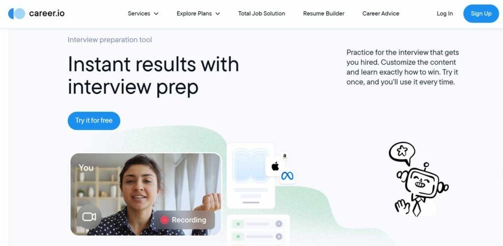 Career.io Home Page - best ai interview prep tool