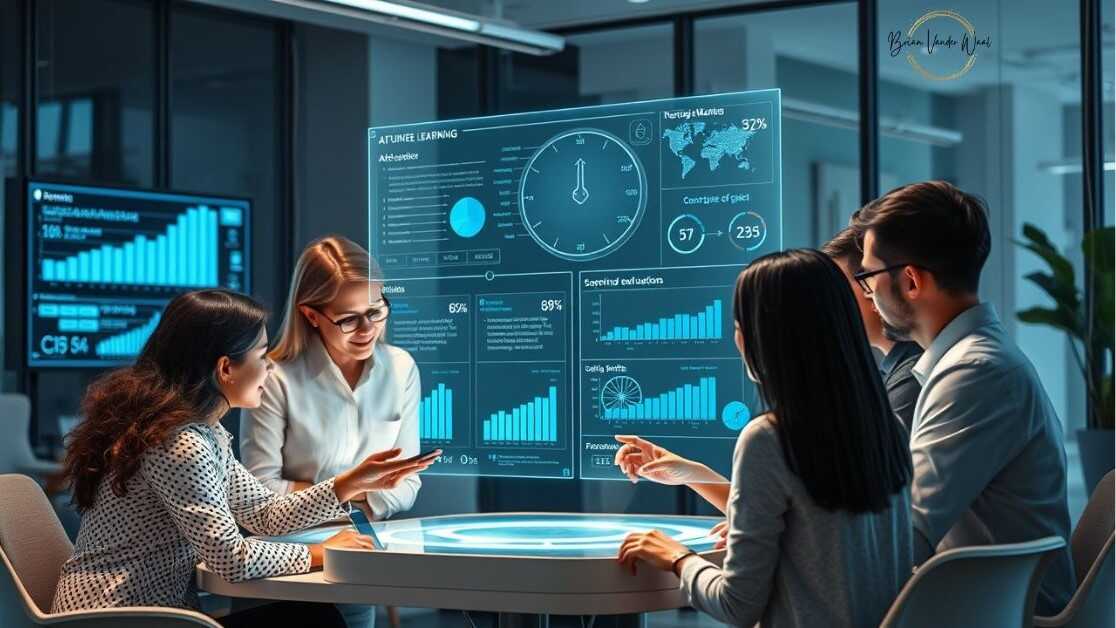 An image of five staff members sitting around a modern office table. a professional workspace in a modern office with a diverse group of people using AI software at their computer desks. The staff members are collaborating around a holographic AI interface reflecting from the table and displaying in front of them. It is showing data visualizations, machine learning graphs, and job market statistics representing the future of work. There is also the Brian Vander Waal brand logo on the Window. This is the featured image for the article "How to Prepare for AI Job Market to Secure Future Success."