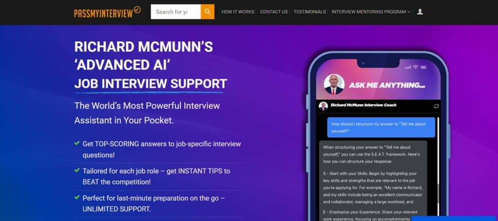 PassMyInterview.com: Richard McMunn's Advanced AI Job Interview Support web page. Best ai interview prep tool.