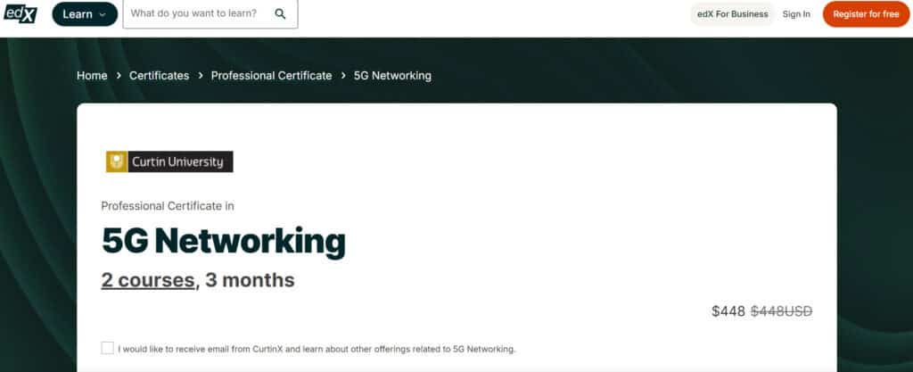 edX's 5G Networking course web page