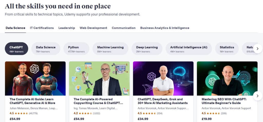 Udemy Courses An image of professional development and technical courses offered by Udemy