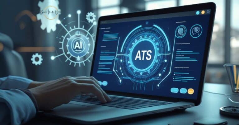 An ethical job seeker using AI on a laptop to optimise their resume or CV. A digital ATS (Applicant Tracking System) interface glows on the screen. The setting is modern and professional, with subtle tech and automation elements in the background—symbols like gears, document icons, and AI brain circuits. The overall tone is trustworthy, intelligent, and futuristic. The Brian Vander Waal brand log is inside one of the gears.
