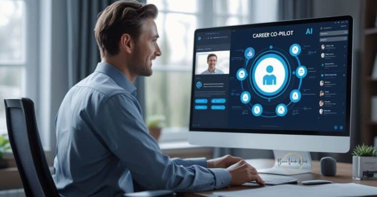An image of a professional sitting at a desk in his home office. A sleek, futuristic AI 'career co-pilot' app or program provides careers guidance on the computer screen. The Brian Vander Waal brand logo is also on the base of the computer screen.