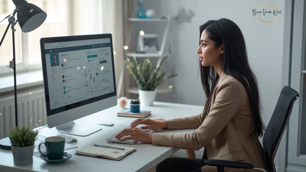 An image of a professional British Pakistani woman working at a modern desk in a bright, stylish home office. On the computer screen, a LinkedIn profile page is visible. Subtle visual hints of AI are present. The professional (mid-career, smart casual attire) looks confident and focused, typing her LinkedIn post She is using AI to generate consistent LinkedIn posts. The workspace includes natural elements like a potted plant, notebook, coffee mug, and soft daylight through a window. 