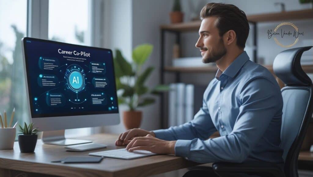 An image of a male job seeker sitting at his desk in his home office in front of his computer. You can see his Career Co-pilot app on his computer screen. The man is smiling as he is happy with the support he is receiving to plan his future. The Brian Vander Waal brand logo is on the wall. The image represents the future of AI-powered job search.
