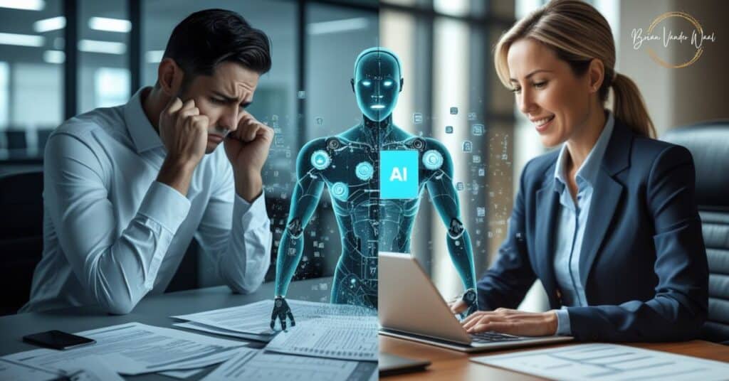An image which represents navigating the AI gauntlet and helping you bypass ATS with AI ethically. On the left side is a frustrated male job seeker in business attire sitting at a modern desk, surrounded by scattered resume/CV papers, looking defeated as their application appears to hit an invisible barrier (representing the ATS system). Digital particles visualise this barrier.
On the right side, is a female jobseeker confident and successful. She is using a laptop with AI tools, which are creating a CV.
In the middle where the images merge is a subtle humanoid AI figure acting as both gatekeeper and helper.
The image shows ethical use of AI through visual cues.
The image focuses on empowerment through ethical AI use rather than deception. On the top right corner is the "Brian Vander Waal" brand logo.