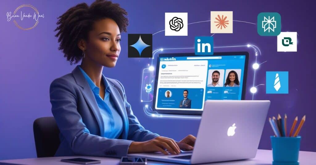 An image that symbolizes how to optimize my LinkedIn profile with AI tools. An image of a confident, female professional (mid-career) sitting at a desk or on a laptop. A glowing LinkedIn page is displayed on a screen hovering on the side. Digital logos floating around the screen representing popular AI tools like ChatGPT, Claude, Gemini, Perplexity, Teal, and Jobscan—depicted as logos offering suggestions or edits. A LinkedIn logo is above the top center of the screen. There is a sleek, tech-savvy color palette (blues, purples, whites) to convey professionalism, trust, and innovation. On the top left corner is the "Brian Vander Waal" brand logo.