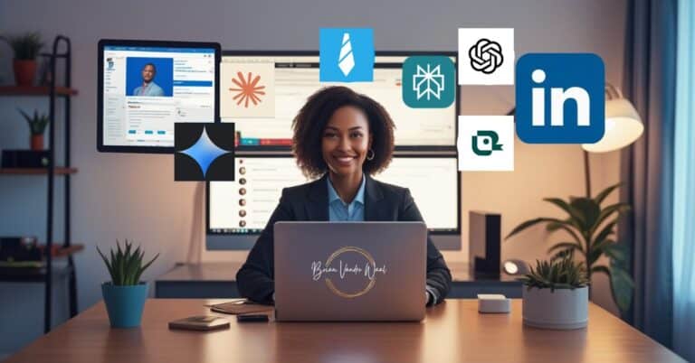 An image of a confident, female professional (mid-career) sitting at a desk on a laptop in her home office, with a glowing LinkedIn profile page displayed on a screen behind her. Digital logos floating around her represents popular AI tools like ChatGPT, Claude, Gemini, Perplexity, Teal, and Jobscan—depicted as logos offering suggestions or edits. A LinkedIn logo subtly integrated into the background to represent career growth and success. The "Brian Vander Waal" brand logo is also on the back of the laptop. The image symbolizes how to optimize my LinkedIn Profile with AI tools.