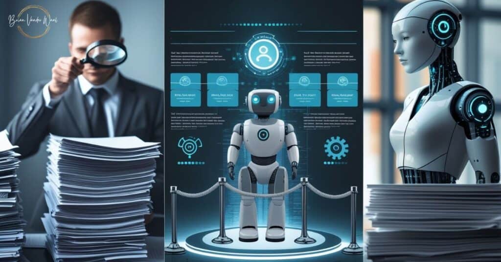 A symbolic and professional image showing the role of AI in recruitment. The image shows the evolution of recruitment from paper CVs to AI-powered screening. On the left side, a recruiter is sifting through stacks of paper CVs using a magnifying glass. On the right side is a futuristic AI interface or robot analysing digital resumes on a computer screen with keywords highlighted and candidates being filtered. In the middle is a metaphorical ‘gatekeeper’ figure— a robotic bouncer—standing at a rope barricade. The "Brian Vander Waal" brand logo is on the top left corner of the image. Understanding the role of AI in recruitment will help us understand why we also need to bypass ATS with AI ethically.