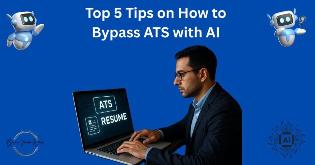 An Image of a man sitting at a laptop. He crafted a winning resume to bypass ATS systems. He is now uploading his CV to an ATS Simulator to see if it is likely to pass ATS when he sends out his resume to the employer. On the top left and right corner are small AI robot graphics. In the top centre it says: "Top 4 Tips on How to Bypass ATS with AI." On the bottom left is the "Brian Vander Waal" brand logo. On the bottom right is an AI graphic with the word "AI" and spider-like lines with dots on the end coming out from the word "AI."