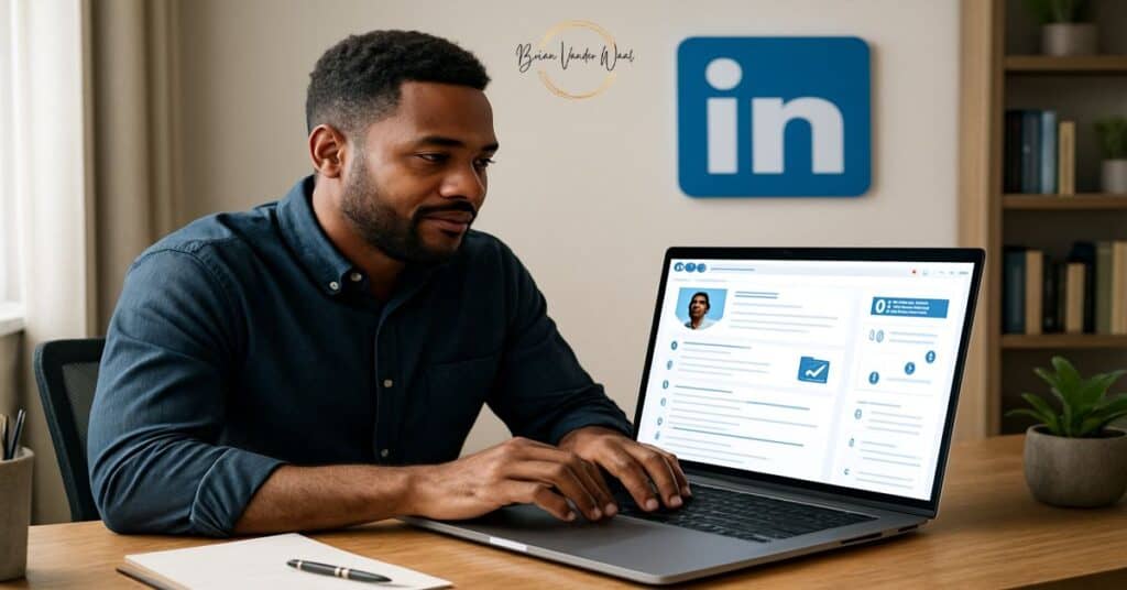 An image of a confident, male professional (mid-career) sitting at a desk on a laptop in his home office, with a glowing LinkedIn profile page displayed on his screen. He is using AI tools like ChatGPT, Claude, Gemini and Perplexity to optimize Key LinkedIn SectionsA LinkedIn logo is subtly integrated into the background.The image represents how professionals can optimize their LinkedIn profiles with AI tools. In the top center is also the "Brian Vander Waal" brand logo.