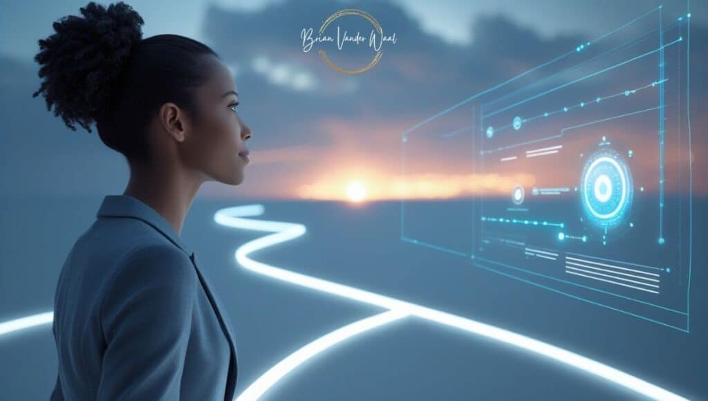 An image of a professional woman gazing towards a bright horizon with a sunset symbolizing future career paths. A sleek, futuristic AI 'career co-pilot' interface subtly provides guidance through illuminated pathways. The image emphasizes optimism, human-AI collaboration, and empowerment. Overall the photo represents the future of AI-powered job search. The Brian Vander Waal brand logo is in the top center in the grey cloud.
