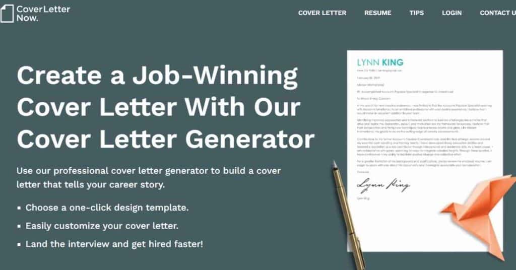 An image of "Cover Letter Now" AI Cover Letter Generator web page. It is one of the best AI Cover Letter Generators.
