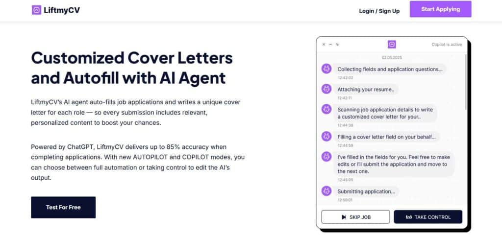 An image of LiftmyCV AI Cover Letter Generator web page. It is the best AI Cover Letter Generator overall.