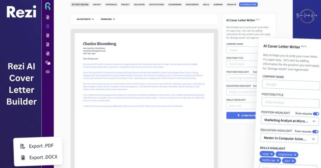 An image or Rezi's AI Cover Letter Generator web page.
