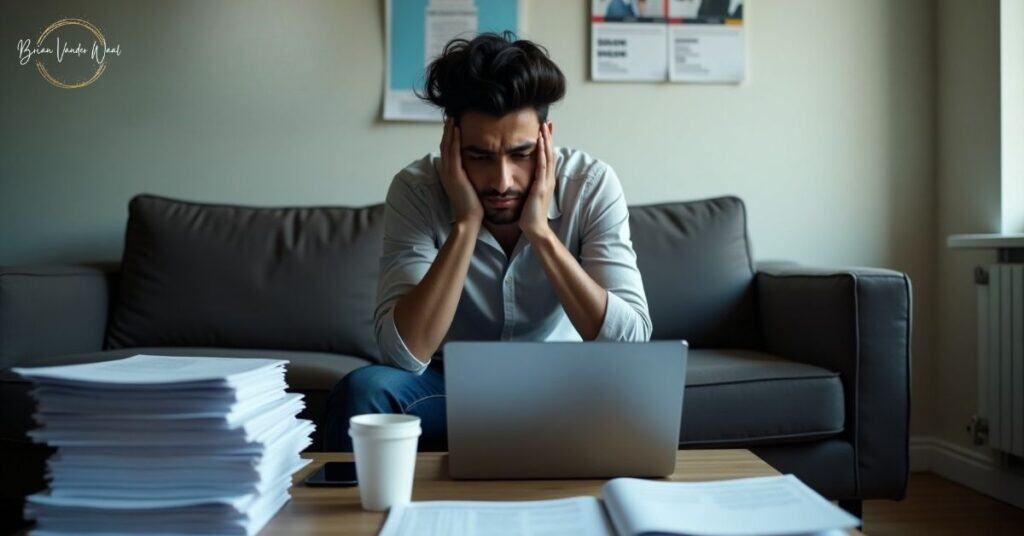 An image of a young Pakistani man in his early 20s, sitting alone in a modern city apartment during the day. The young man looks frustrated or overwhelmed, dressed in smart-casual clothes, slouched slightly on a couch. On the coffee table in front of the coach is his laptop, empty coffee cups, and open book and a large stack of his application documents (printed CVs / resumes and cover letters). Soft, natural window light comes in from the side. The walls behind them have motivational posters. The setting conveys isolation, ambition, and quiet struggle. 